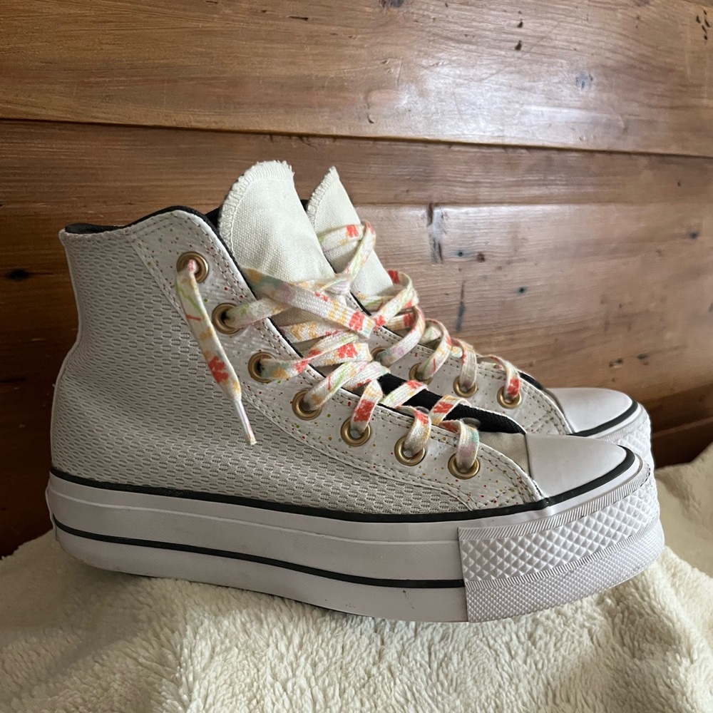 Converse White Textured High-Tops with Multicolor Laces - Picture 3 of 13